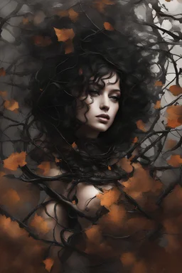 abstract creation of a beautiful girl with black curly hair, surrounded by black roses, thick metal chain broken, glass petals on the ground, autumn colours,dried out thorn bush, chaos,