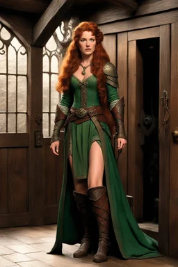 [high res photo by Ray Harryhausen, in the room of a tavern of middle earth] Minutes pass, and you hear footsteps approaching. The door creaks open, a woman enters. She's tall and statuesque, with long auburn hair and piercing green eyes. Her fine clothes mark her as a woman of means, and her demeanor suggests a mix of nervousness and intense desire.