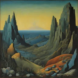 For The Eyes of Silence Max Ernst employed a technique called decalcomania to create arbitrary textures on the canvas, which he then reworked to resemble rock formations and forms of animals, plants. a primordial-like "part vegetation, part rock and part bejewelled