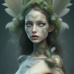 Portrait of beautiful girl, plant, metal, feathers, Dryad, fae, sidhe, ominous, nature, plants, wildflower, facepaint, dnd character portrait, intricate, oil on canvas, masterpiece, expert, insanely detailed, 4k resolution, retroanime style, cute big circular reflective eyes, cinematic smooth, intricate detail , soft smooth lighting, soft pastel colors, painted Renaissance style,bokeh,macro lens, 800mm lens