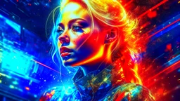 old worn canvas, layered, embossed, double exposure, artistic luminous soft watercolor, glitter, medium ground, luminosity, highlights, gold fragments, shine, light effects, artistic luminous, portrait of a female cyborg in flowing clothes, blonde hair, red lips, wind, blue space, planet, clear lines, layered, blending, textured, surreal, 3D, 8K, best quality, fine rendering, high detail, hyperrealism, high resolution, high definition, layered, pin sharp, hyperfocus, vignette