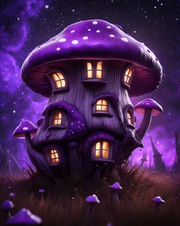 An illogically floating mushroom house on a clear night. white purple black, Stars Dark cosmic interstellar. Detailed Matte Painting, deep color, fantastical, intricate detail, splash screen, hyperdetailed, insane depth, concept art, 8k resolution, trending on Artstation, Unreal Engine 5, color depth, backlit, splash art, dramatic, High Quality Whimsical Fun Imaginative Bubbly, perfect composition