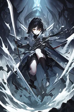 Anime girl with short black hair and sharp green eyes holding a sinister spear and sword, black and white metal armour, full body shot, Dark lighting,1woman, soaked in blood,Warrior