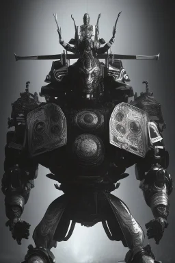 samurai robot in black and white cloak in a cyberpunk environment