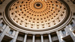 A grand, circular dome building with Lissajous-curve-inspired designs intricately carved into the stone façade. The undulating curves dance across the surface of the building, creating a mesmerizing, fluid pattern. Inside, the dome is supported by circular columns with soft, curving lines, and the ceiling features geometric art that mimics the beauty of the Lissajous curves. Award-winning photograph.