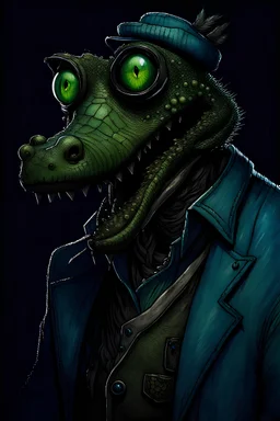 Artist Jean-Baptiste Monge style. A old biomorph male humanoid with Alligator face. Bright eyes. A green and blue striped outfit. Modifiers: Tim Burton Craig Rutkowski Modifiers:neon glowing Iridescent black ink