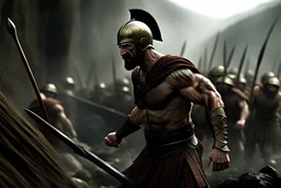 Cinematic shot of King Leonidas holding a spear, in the middle of a intense battle in Sparta Battlefield, the background is a battlefield , clash of swords, masculine, bodybuilder, determined, dynamic action, dynamic motion, combat pose, epic, dramatic, wide angle shot, cinematic lighting, photorealistic, clean sharp focus, film grain, hyper - detailed, directed by Zack Snyder