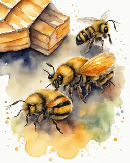 three bees under the hive watercolor drawing