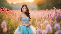 A gorgeous Asian model in a fairy outfit in a field of flowers at sunset