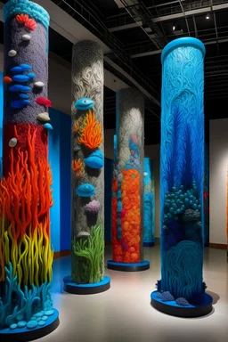 Install a series of towering textile pillars representing coral reefs, each adorned with Mandarin Fish motifs and marine life. These pillars can be arranged in a way that guides visitors through a pathway, simulating a dive through a coral reef.