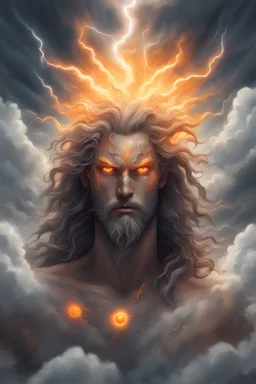 picture of a "god of the weather" who has long hair made of clouds. he also has glowing orange eyes that look like they're 2 suns. his body is made out of storm clouds with bits of lightning inside, his body also has glowing orange cracks all over it that look like they're made of the sun. he has greek god clothes on that are completely made of ice. his clothes also have an icy look to them as they shine in the sun