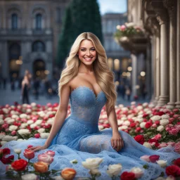 (best quality, 4k, 8k, highres, masterpiece:1.2), ultra-detailed, (realistic, photorealistic, photo-realistic:1.37),hyper realistic, full body gorgeous smiling 1woman,long hair,looking at viewer,realistic proportions,blue eyes,hair ornament,transparent lace dress,very long hair,flower,blonde hair,parted lips,necklace,white dress,blonde hair,lips,joyful pastel background,freckles,realistic,head wreath, pink flower,realistic portrait, dreamy fantasy landscape countryside,great pespective,crystal