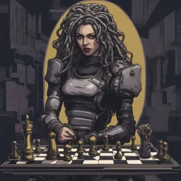 velcro patch of medusa in the style of cyber punk playing chess with a knight chess piece in her hand