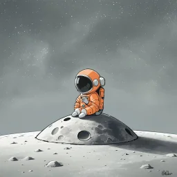 A whimsical digital illustration of a cartoonish astronaut, delicately rendered in soft pastel hues, sitting on a tiny, cratered moon, lost in thought as they stare out into the vast, starry expanse of empty space, their bright orange spacesuit a pop of color against the muted, celestial backdrop, with subtle texture and gentle shading adding depth to the minimalist composition, evoking a sense of wonder and contemplation, as if pondering the mysteries of the cosmos, amidst the eerie silence of