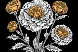 images of Marigold for coloring: , black and white background, fine lines