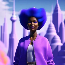 Ultra realistic photo. volumetric lighting , scientist. Young black woman, young, big smile. Joy. smiling. Afro futurism. Afro puffs. Blue hair. Ombré hair Cotton candy. Futuristic cities in background. Space. Space travel. Silver. Cities