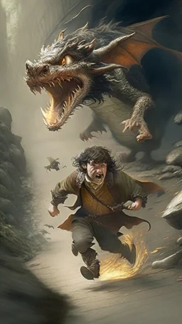 hobbit running away from a dragon