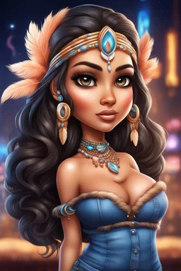 create an airbrush illustration of a chibi cartoon curvy native american female wearing Tight blue jeans and a peach off the shoulder blouse. Prominent make up with long lashes and hazel eyes. She is wearing brown feather earrings. Highly detailed long black shiny wavy hair that's flowing to the side. Background of a night club.