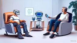 man sitting in his lazy boy chair at home argues with his AI clone that is in a different location over the phone