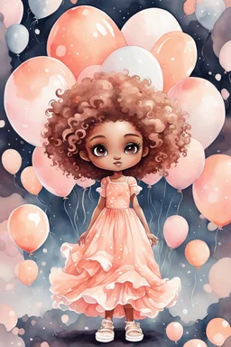 A watercolor fairytale style of a chibi cartoon wearing a peach maxi dress and white sandals. Prominent make up with hazel eyes. Highly detailed tight curl afro. Background of white and peach ballons everywhere.