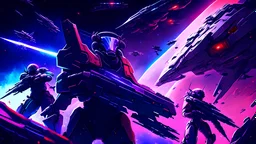 sci fi scene of galactic war, anime style, high resolution, use blue, purple, and red, ships, manned suits, and big guns