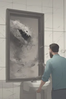 a man looking into a shattered bathroom mirror and seeing a horrifying, abstract deranged monster in his reflection