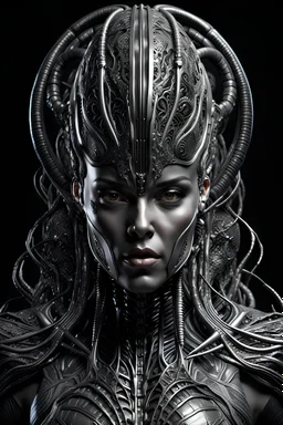3D rendering of Expressively detailed and intricate of a hyperrealistic HR Giger character: glossy black, cyborg, HR Giger, bionic muscle and vines,single object, black background, octane render, 8k post-production, dendritic, artstation: award-winning: professional portrait: atmospheric: commanding: fantastical: clarity: 16k: ultra quality: striking: brilliance: stunning colors: amazing depth