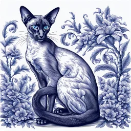 detailed Toile De Jouy style Oriental shorthair Siamese cat sitting in a garden. done in blue on white background