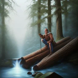 spray painted fantasy art, book illustration, portrait of forest man sitting by a big log bonfire, in the background the stairs of a dam in the magical forest ,icy water