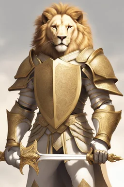 Humanoid lion knight wearing white and gold armor, wearing a white and gold cape, holding a large sword and shield