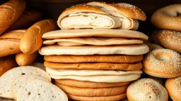 Layers filled with fancy breads including baguettes, sandwiches, dough, bagels, tortillas, white, and whole wheat and wheat ears and sesame seeds and freshly baked sliced ​​breads and a classic theme.