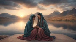 Hyper Realistic Sad Pukhtoon Young-Women with a cloudy sunset riverside & mountains at the back