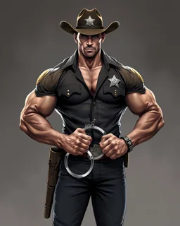 Handsome muscular sheriff holding handcuffs