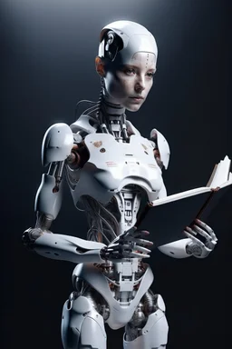 generate a front cover representation of Ai photo realistic attractive full body humanoid bot editing a book and show her holding the book