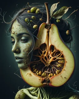 Grunge, woman as a decaying dried out Pear intricately showing its internal structure and seeds, cyberpunk, ultra unique natural textures, slight imperfections, vray.