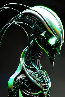 Cyborg symbiote, white color, green color, tendrils, high tech, cyberpunk, biopunk, membrane wings, carbon fiber