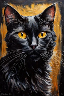 prompt: A painting that pays homage to the elegance and animal grace of a common black house cat, but also to its stealth and quickness as a dangerous predator, as demonstrated in its presence and seen in its eyes. golden intense eyes, shiny black fur