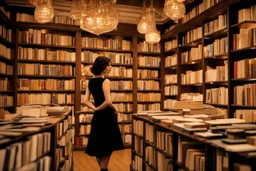 full-height shot of a woman in a tight black dress, inside a large magic book shop, shelving, lights, books, bottles, windows