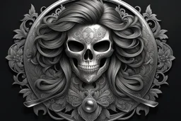 Logo skull, hair , scissors, mask, cover face in 8k tattoo artist dynamic pose, oshare kei, hurufiyya, rtx, intricate details, highly detailed, high details, detailed portrait, masterpiece,ultra detailed, ultra quality