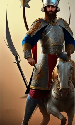 Islamic army commander from the Mamluk era, chin, shield, sword, helmet, mare , full body, cinematic, 8k, resolution concept art portrait by Greg Rutkowski, Artgerm, WLOP, Alphonse Mucha dynamic lighting hyperdetailed intricately detailed