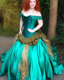 Magic princess with long auburn hair in a big teal green and gold satin ballgown corset off shoulder top casting magic