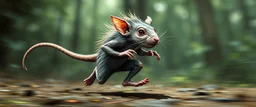 rat gremlin elf halfling pixie fast runner, airbrush and pen outline, realistic 3d rendering with high contrast motion blur forest background
