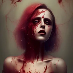 singer Danish MØ, background liquid, blood, hair guts, darkred tones,