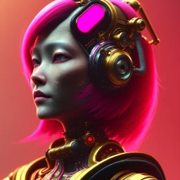 Medium Close Up Portrait, Front image. cyberpunk Asian woman, pink short hair. rabbit mask, latex suit. Red, black, gold, color. Punk style. Gradient background, highly detailed, concept art, smooth, unreal engine 5, god rays, ray tracing, RTX, lumen lighting, ultra detail, volumetric lighting, 3d, finely drawn, high definition, high resolution.