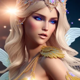 beautiful blonde fairy in a galactic ambiance, detailed gorgeous face, transparent wings, delicate colors, finely tuned detail, ultra high definition, 8 k, unreal engine 5, ultra sharp focus