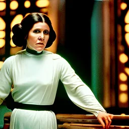 Hyperrealistic, 8k centered photographic portrait of [[Carrie Fisher as Princess Leia in Star Wars]], leica, 35 mm, technicolor, natural colors, telephoto, 24 mm, portrait photo by Annie Leibovitz, film, studio lighting, detailed skin, ultra realistic, bokeh, sharp features