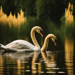 two swans in a romantic lake, dark green and warm yellow color, fantasy atmosphere, photo quality