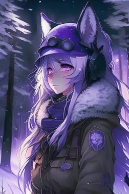 anime, girl, white hair, long hair, messy hair, purple eyes, ww2, ww2 costume, ww2 helmet, fox ears, fox tail, fox girl, snow night, cold, forest, dark night, dark sky