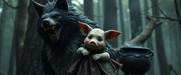 in magical black forest the bad hairy chest wolf carrying a lovely scared wtf are you up to, Korean pig girl with dress under his arms, big cauldron in the background in the style of fallout 4,