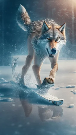 Wolf, skating on ice, realistic image, movie scene hdr 8k